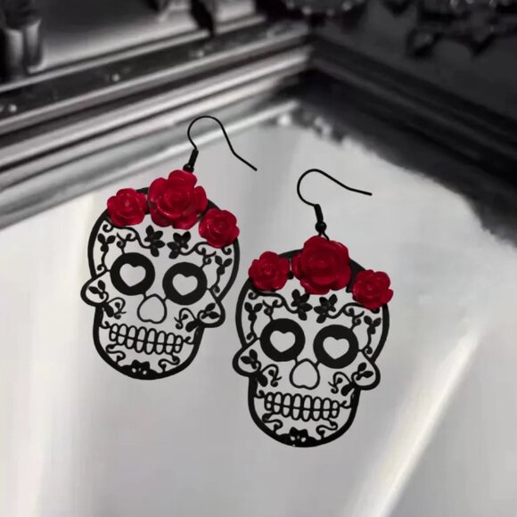 Red Roses Skull Head Drop Earrings - Picture 4 of 5
